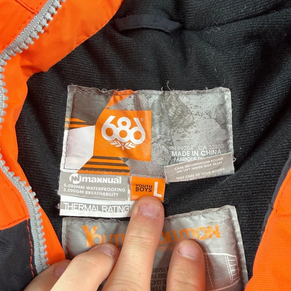 686 Mannual Snowboard Jacket Youth L Orange Black Evolution Winter Waterproof